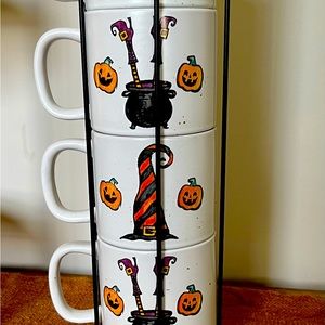 Set of 4 stacking Halloween coffee mugs with holder.  Hand painted